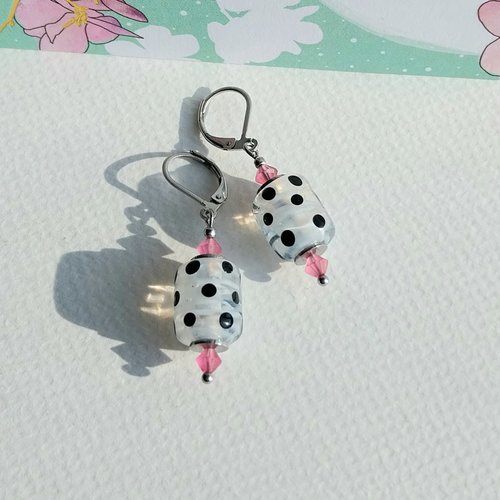 Mademoiselle - boucles d'oreilles blanc noir rose verre filé murano cristal acier inoxydable
