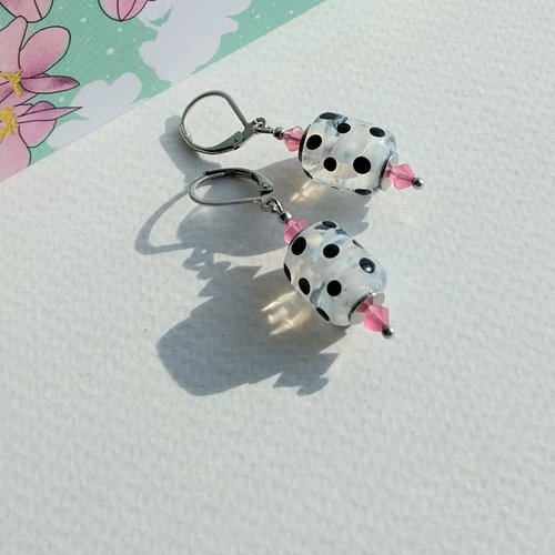 Boucles d'oreilles "mademoiselle" blanc noir rose verre filé murano cristal acier inoxydable