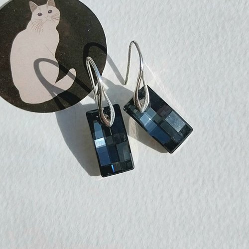 Boucles d'oreilles cristal swarovski noir rectangles nuit d'argent attaches argent 925