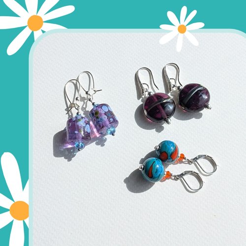 Couleurs de venise - boucles d'oreilles au choix trois modèles verre murano verre de bohême argent plaqué argent