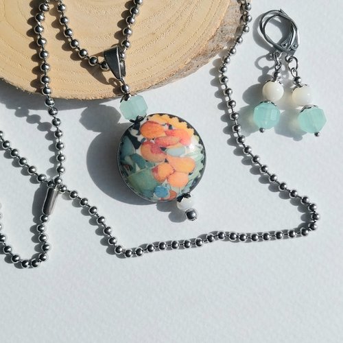 Capucine - collier long pendentif orange vert porcelaine pierre fine aventurine nacre acier inoxydable chaîne billes boucles assortie