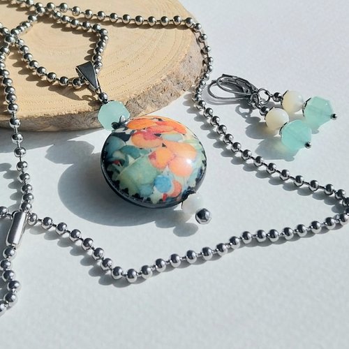 "capucine" pendentif orange vert porcelaine motifs fleur feuillage pierre aventurine nacre acier inoxydable chaîne billes b o assorties