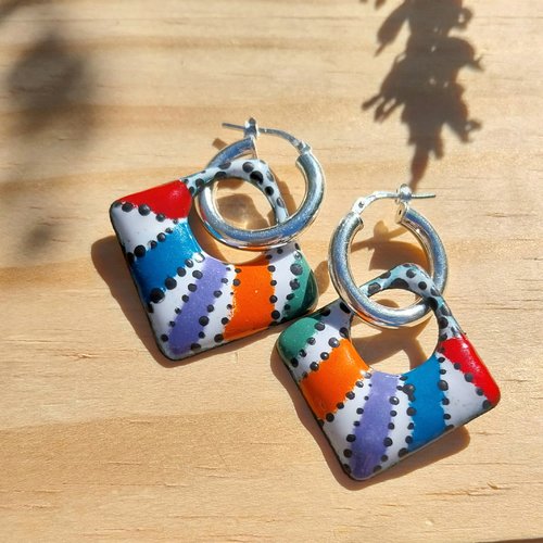 "deauville" boucles créoles argent décors modulables émaux multicolores et céramique blanche