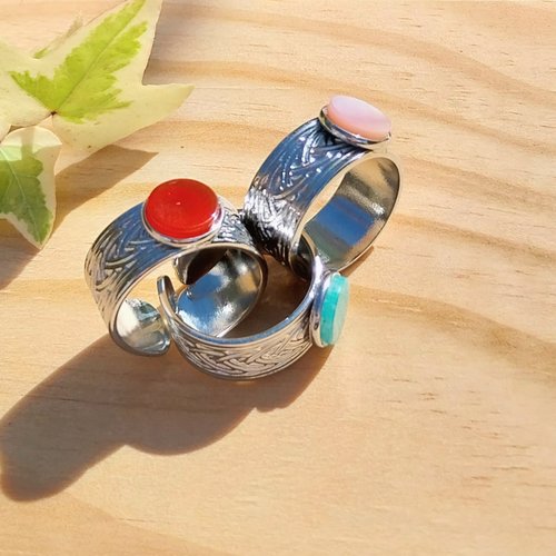 "anneau de légende" bague réglable acier ciselé cabochon au choix nacre rose agate rouge amazonite