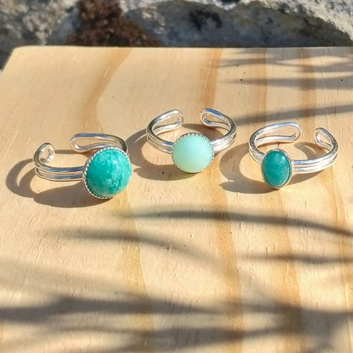 "glaz maen" bague réglable monture argent anneau ajustable cabochon pierre naturelle bleu vert amazonite chrysoprase