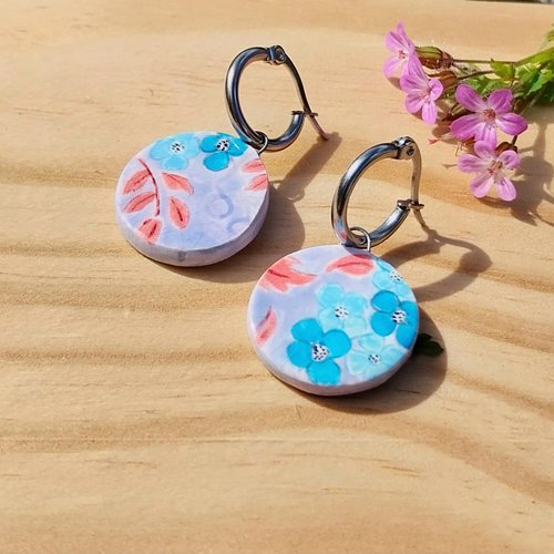 "côté jardin" boucles porcelaine illustrée fleurs bleues acier inoxydable