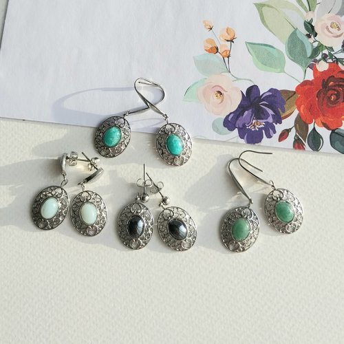 "romance" boucles d'oreille au choix cabochons pierre naturelle médaillons attaches acier inoxydable