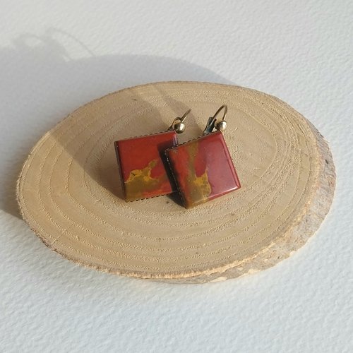 Boucles d'oreille pierre gemme jaspe rouge cabochons carrés laiton bronze et doré