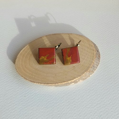 Boucles d'oreille pierre gemme jaspe rouge cabochons carrés laiton bronze et doré