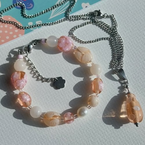 " printemps pêche " bracelet rose pastel saumoné pendentif perles verre pierre aventurine nacre eau douce acier inoxydable