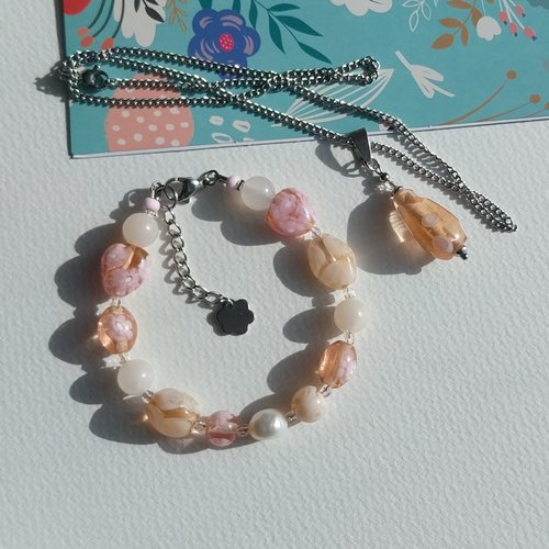 " printemps pêche " bracelet rose pastel saumoné pendentif perles verre pierre aventurine nacre eau douce acier inoxydable