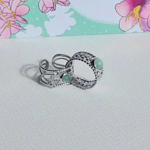 Bague " pierre de printemps " cabochon aventurine verte monture réglable décorative acier inoxydable
