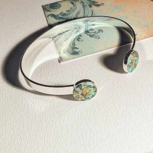 Taïga - bracelet ruban réglable plaqué argent deux cabochons pierre turquoise africaine