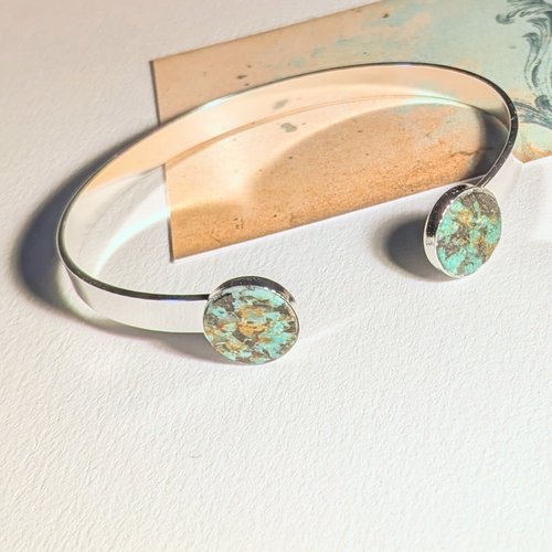 Taïga - bracelet ruban réglable plaqué argent deux cabochons pierre turquoise africaine
