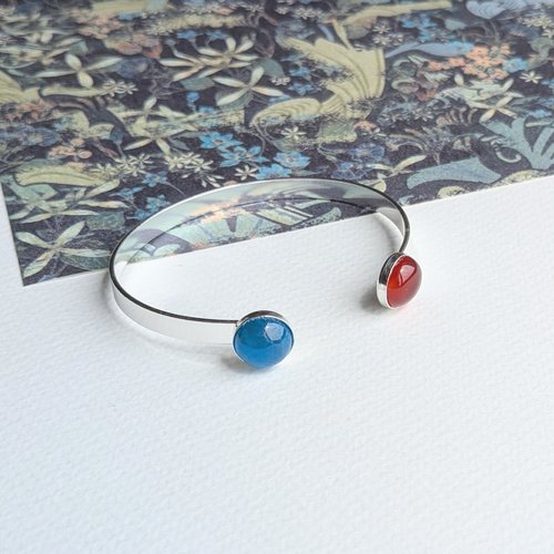 Entrevue - bracelet ruban réglable plaqué argent cabochons pierres naturelles apatite bleue agate rouge orangé