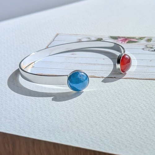 Entrevue - bracelet ruban réglable plaqué argent cabochons pierres naturelles apatite bleue agate rouge orangé