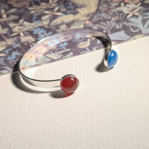 Entrevue - bracelet ruban réglable plaqué argent cabochons pierres naturelles apatite bleue agate rouge orangé
