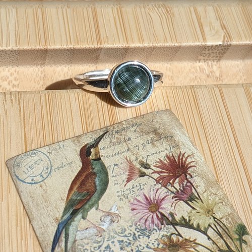 Vert velours - bague ajustable monture argent pierre naturelle séraphinite verte