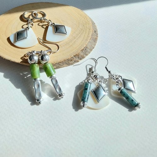 Boucles "thessalie" plaqué argent pierres naturelles nacre coquillage au choix