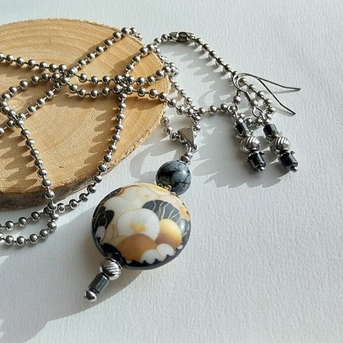 "brun poudré" parure pendentif b o beige noir porcelaine pierres obsidienne hématite chaîne sautoir attaches perles acier inoxydable