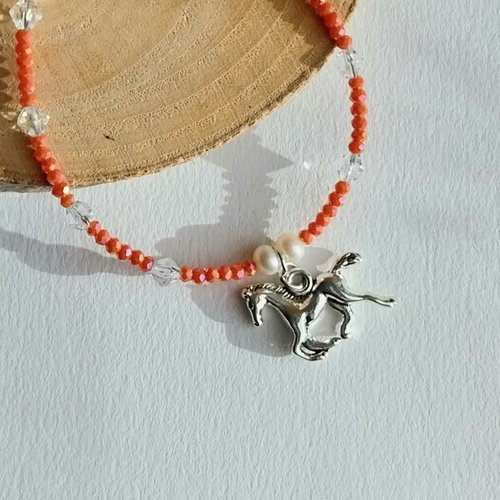 Pour fillette "cheval mon ami" bracelet orange corail perles verre nacre eau douce fermoir acier inoxydable breloque poulain argenté
