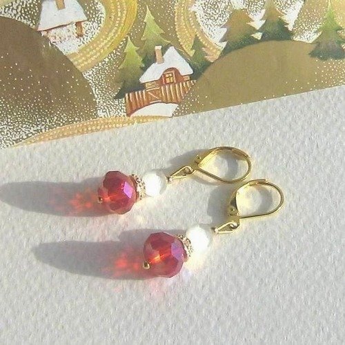 " isba " boucles d'oreilles cristal chinois rouge verre irisé blanc perles attaches plaqué or