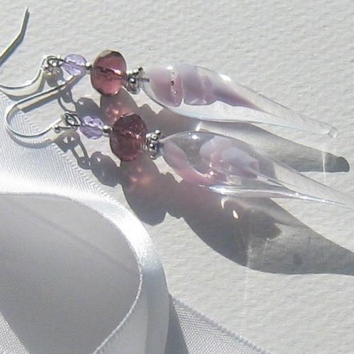 Boucles d'oreilles "saison mauve" verre murano filé translucide mauve verre tchèque prune parme argent 925
