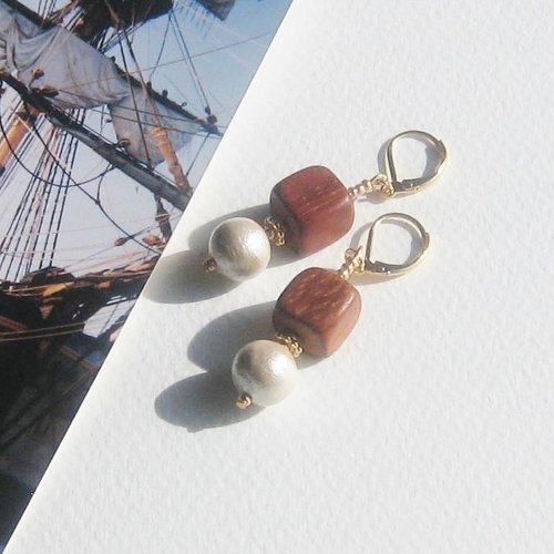 "port coton" boucles d'oreilles bois de bayong perles japonaises coton perles attaches plaqué or 18k