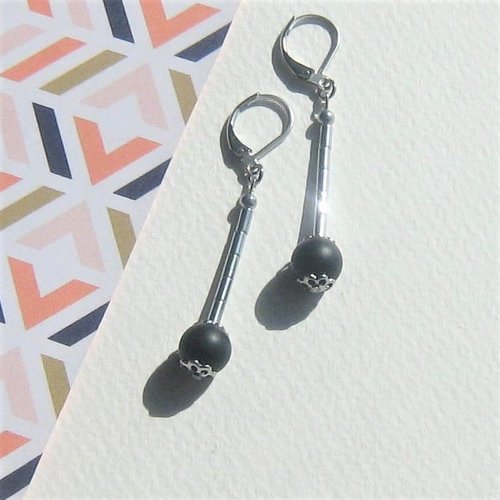Boucles d'oreilles gemmes "onyx métallik" perles rondes onyx noir mat perles colonnes hématite coupelles et attaches en acier inox 