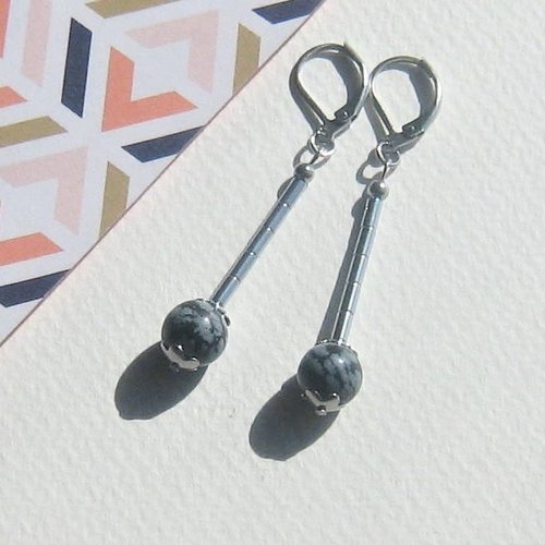Boucles d'oreilles gemmes "chic cendré" perles rondes obsidienne perles colonnes hématite décors et attaches acier inox 