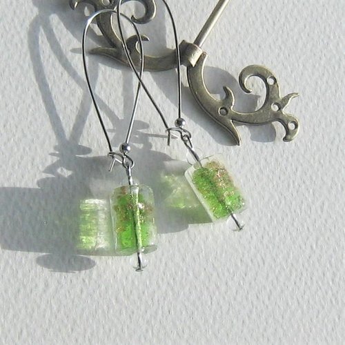 Boucles d'oreilles vert clair "les vénitiennes - thé" verre filé style murano cristal attaches plaqué argent