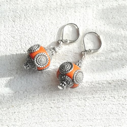 "les indonésiennes - mandarine" boucles d'oreilles orange perles artisanales traditionnelles résine argent tibétain attaches argent 925