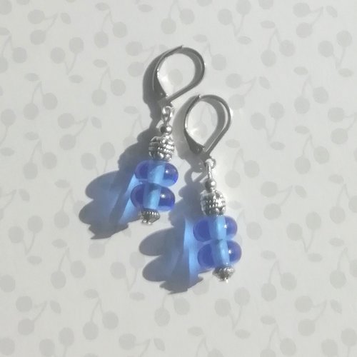 Azzurro - boucles bleues verre murano argent tibétain attaches acier inoxydable