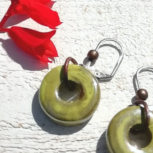 Boucles d'oreilles "terre grecque" vertes céramique myconos olive cuivre véritable acier inoxydable