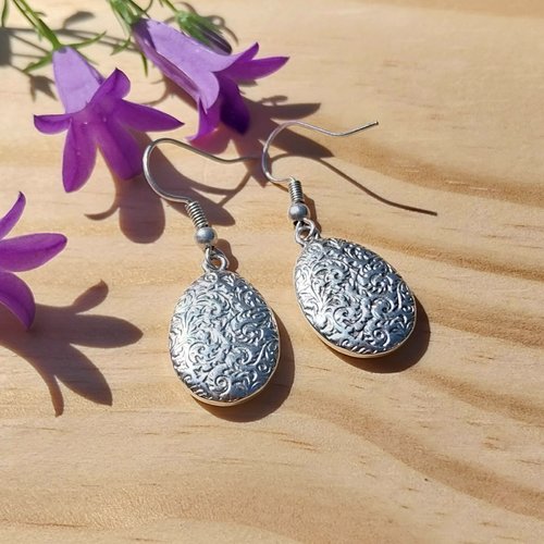 Boucles d'oreilles "poésie enchantée" pampilles gouttes ornementées et attaches plaqué argent 925