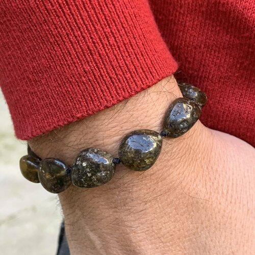 Bracelet pyrite pour homme style celtique bracelet perles ronde pyrite  style viking pierre agate du tibet - Un grand marché
