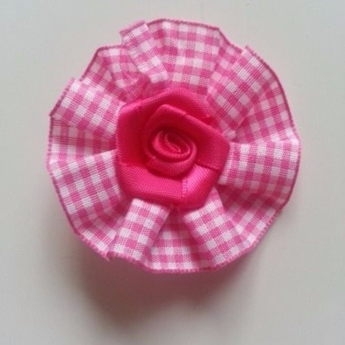 Rosette tissu à carreaux et rose de satin  rose fuchsia      60mm