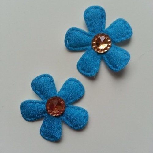 Lot de 2 fleurs en tissu et strass 35mm bleu turquoise