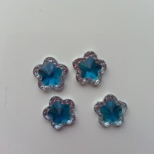 Lot de 4 cabochons plat fleur bleu turquoise et argent  12mm