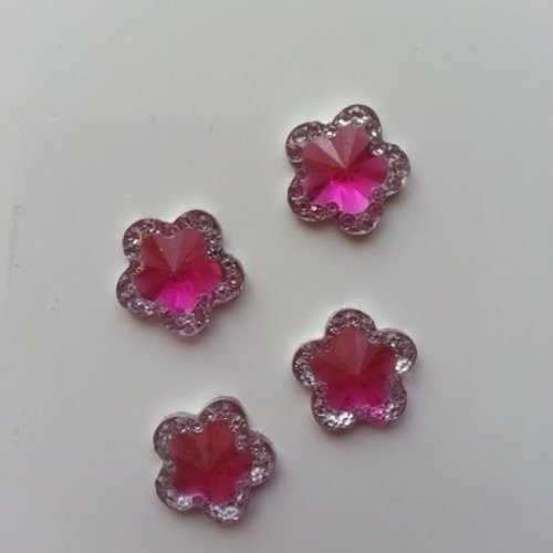 Lot de 4 cabochons plat fleur rose fuchsia et argent  12mm