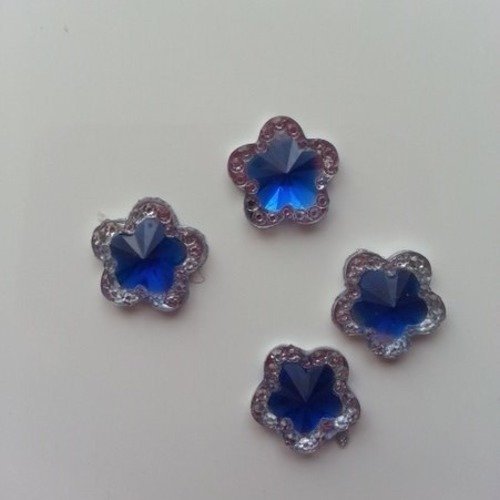 Lot de 4 cabochons plat fleur bleu royal et argent  12mm