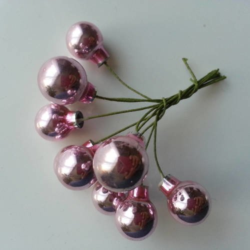 Bouquet de 10 mini boules de noel sur tige rose