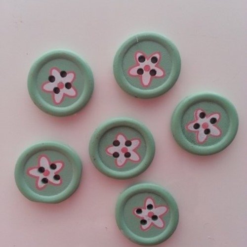 Lot de 6 boutons ronds en bois vert et blanc motif fleur    22mm