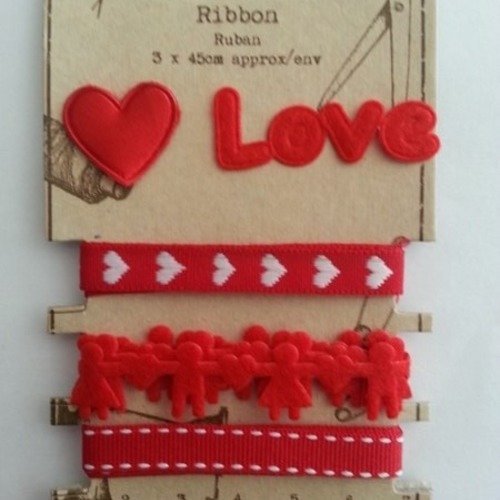 Lot de 3 ruban 0.45cm + 2 patchs à coudre "love" rouge