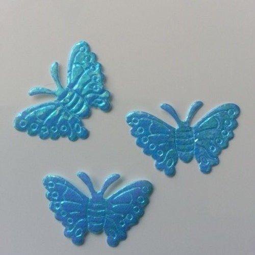 Lot de 3 papillons  en tissu irisé  bleu  32*21mm