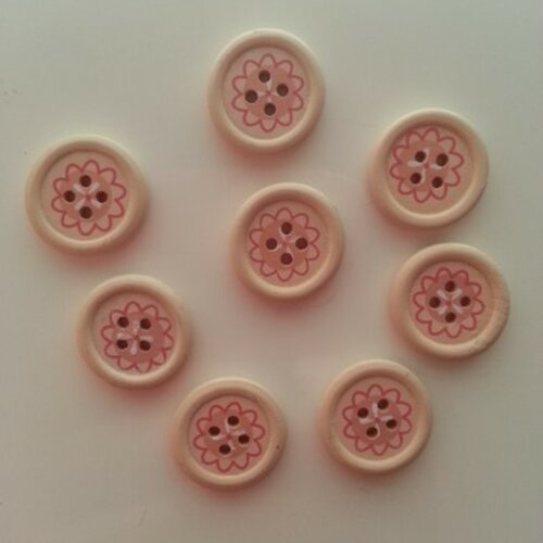 Lot de 8 boutons ronds en bois rose et blanc motif  fleur   22mm