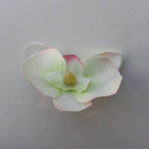 Orchidée artificielle en tissu ivoire , vert et rose fuchsia  45mm