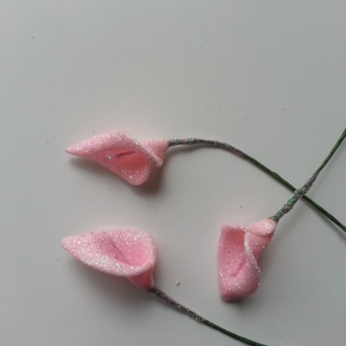 Lot de 3 fleurs arum  pailletés sur tige  10 cm rose