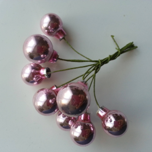 Bouquet de 10 mini boules de noel sur tige rose pale