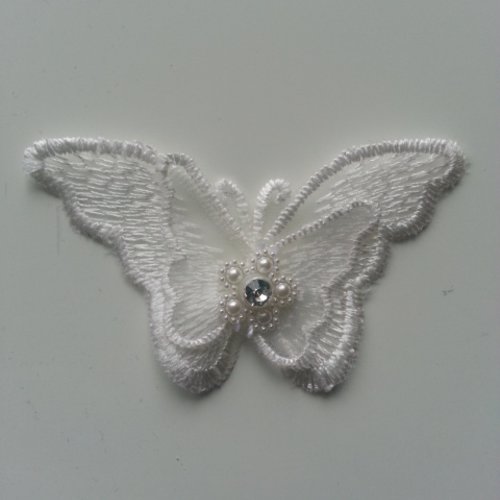 Double papillon en dentelle blanc perle et strass  70*40mm